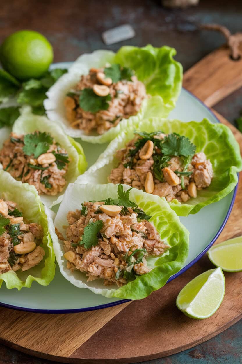 A platter indoors with crisp lettuce leaves filled with minced chicken, herbs, and peanuts, lime wedges nearby. No text or logos.