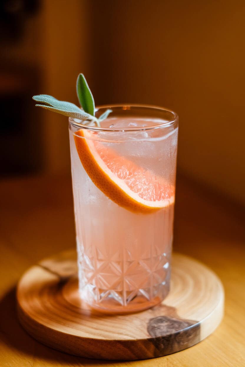 Indoor dining room with a clear highball glass of blush pink drink, sage leaf garnish, grapefruit wedge on rim; warm indoor lighting; no logos