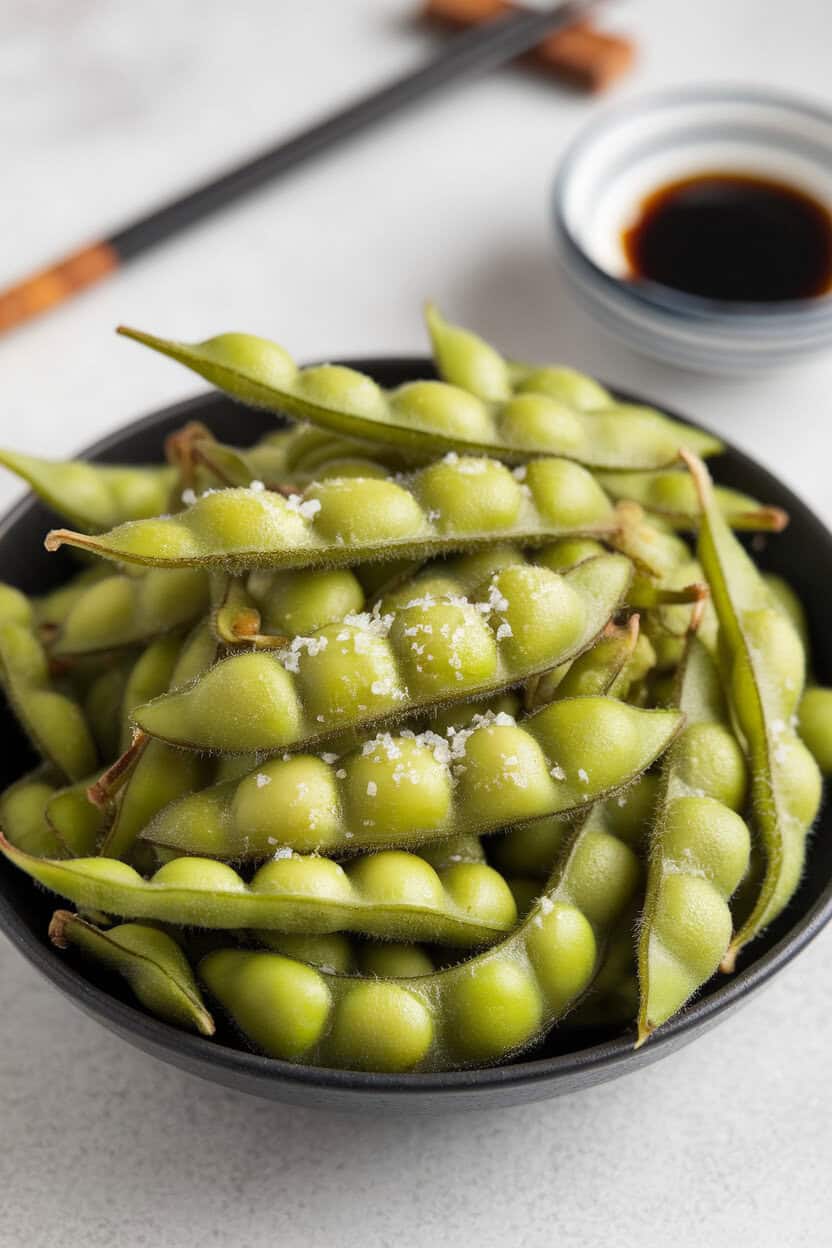 Indoor photo of bright green edamame pods piled high in a black bowl, coarse salt visible on the surface. No text or logos.