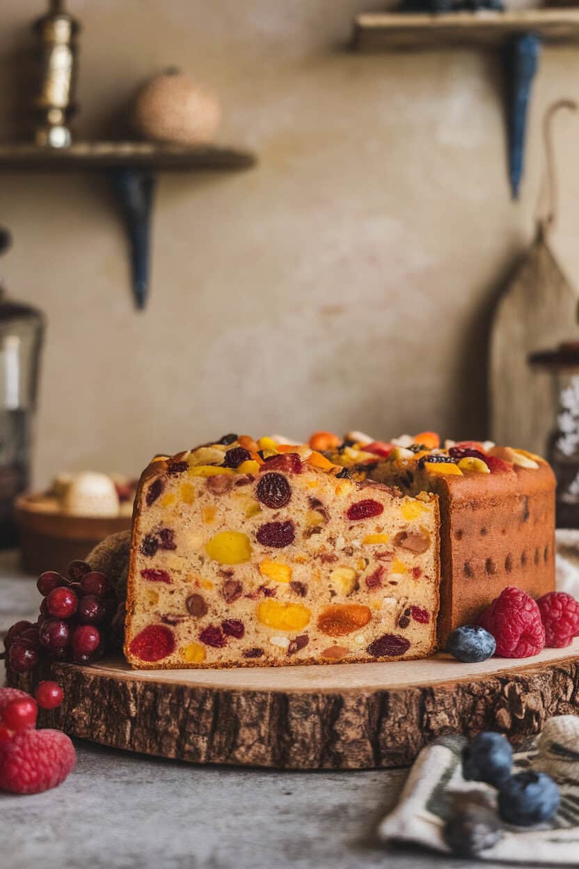 An indoor wooden board holding a sliced, brandy-soaked fruitcake filled with colorful dried fruits and nuts; photo, no text or logos.