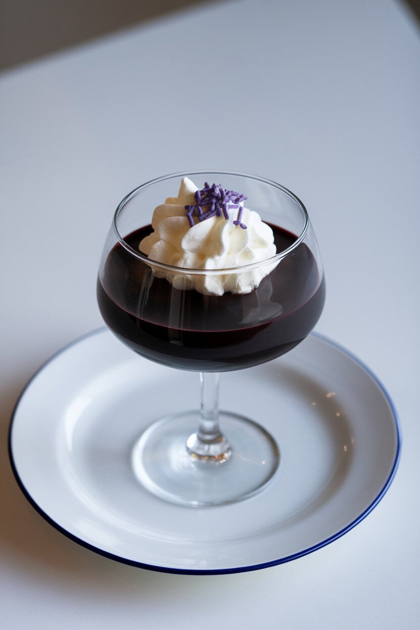 Photo, not illustration. Indoor dessert glass containing jet-black panna cotta topped with whipped cream and a single purple sprinkle, no logos.