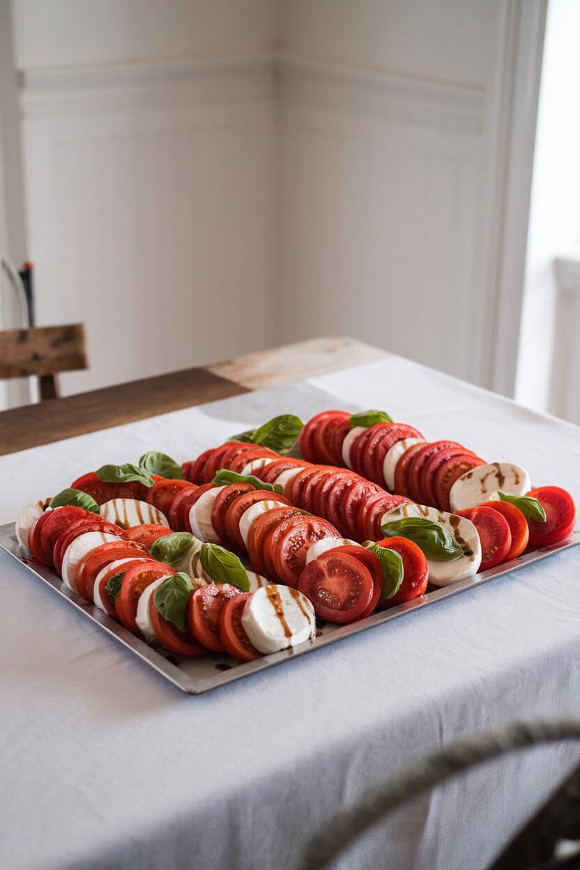 An indoor farmhouse table with a rectangular platter of sliced heirloom tomatoes, fresh mozzarella medallions, basil leaves, and balsamic drizzle. No text or logos; photo, not illustration.