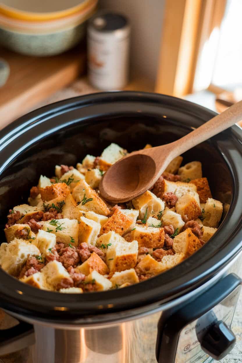 A cozy indoor countertop with a slow cooker full of golden bread stuffing dotted with herbs and sausage crumbles, a wooden spoon resting nearby. No logos visible. Photo, not illustration.