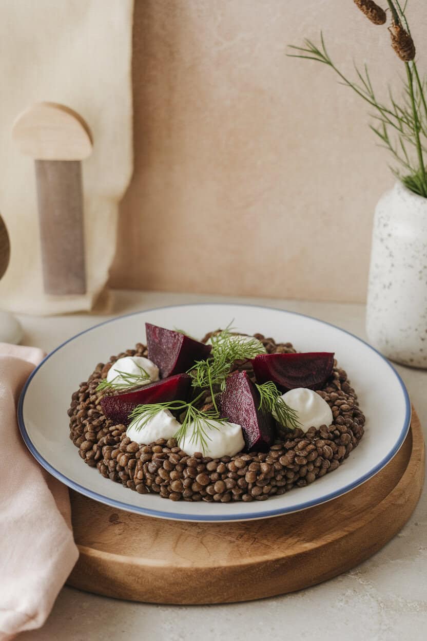 Indoor setting with a plate of black beluga lentils topped by wedges of roasted beetroot, dollops of herbed yogurt, and dill sprigs. No text or logos. Photo.