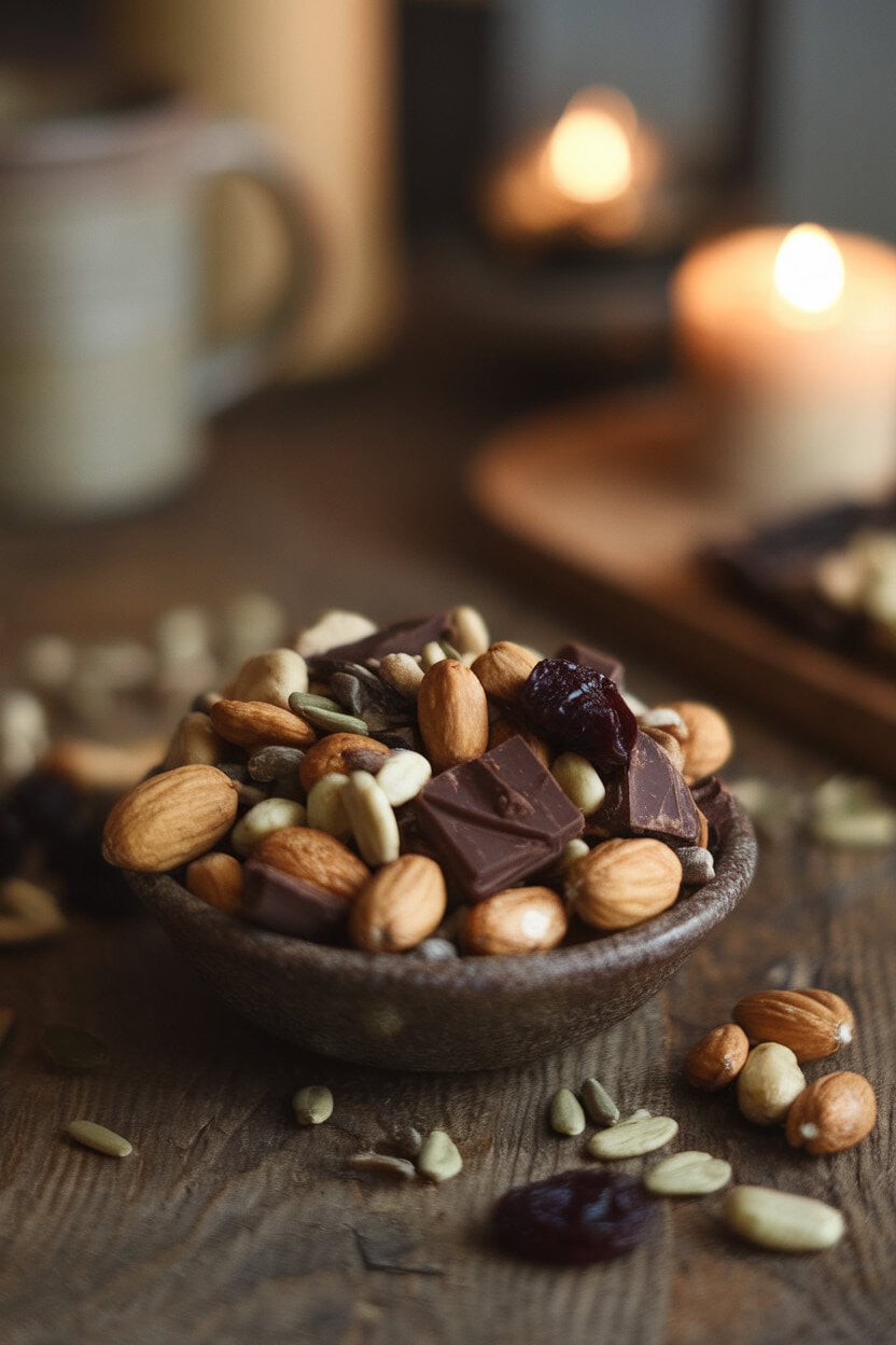 An indoor wooden tabletop scattered with a mix of roasted nuts, chocolate chunks, dried cherries, and sunflower seeds in a rustic bowl. Soft cabin-style lighting; no text or logos.