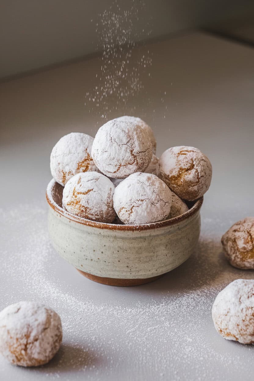 A small indoor ceramic bowl filled with round, powdered-sugar-coated snowball cookies, a light dusting of sugar on the table. No text or logos. Photo, not illustration.