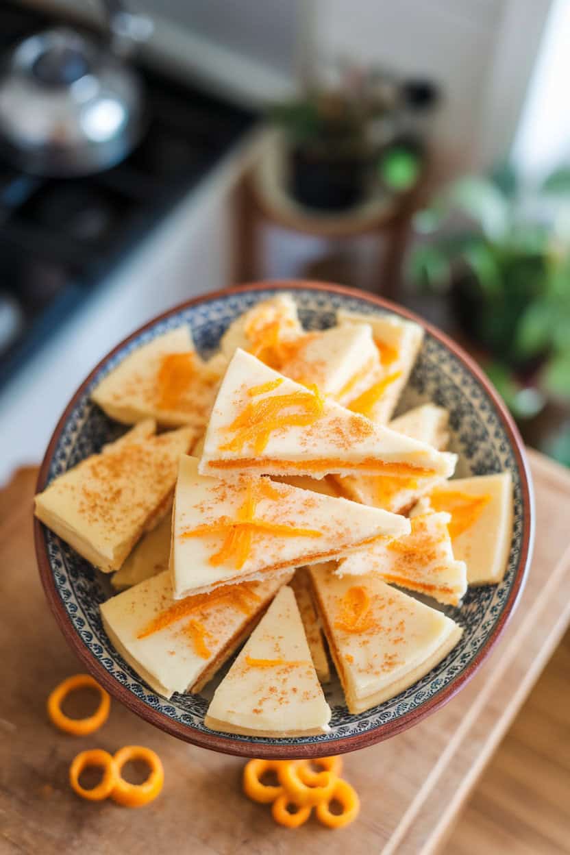Indoors, a ceramic plate filled with buttery shortbread wedges flecked with orange zest and topped with cardamom sugar, photographed from above. No text or logos.