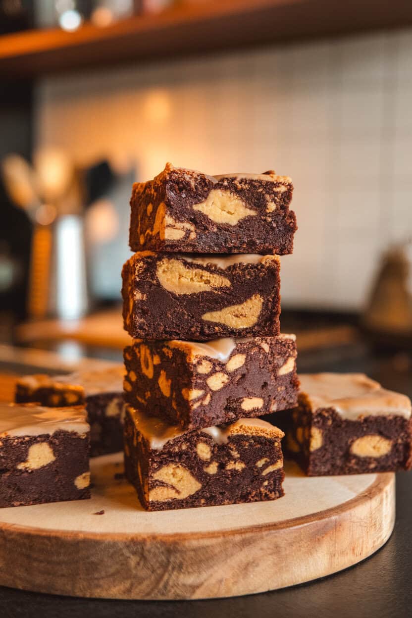 Photo prompt: Indoor kitchen island with a stack of fudgy brownies marbled with peanut butter and topped with a light espresso glaze, side angle, no text or logos.