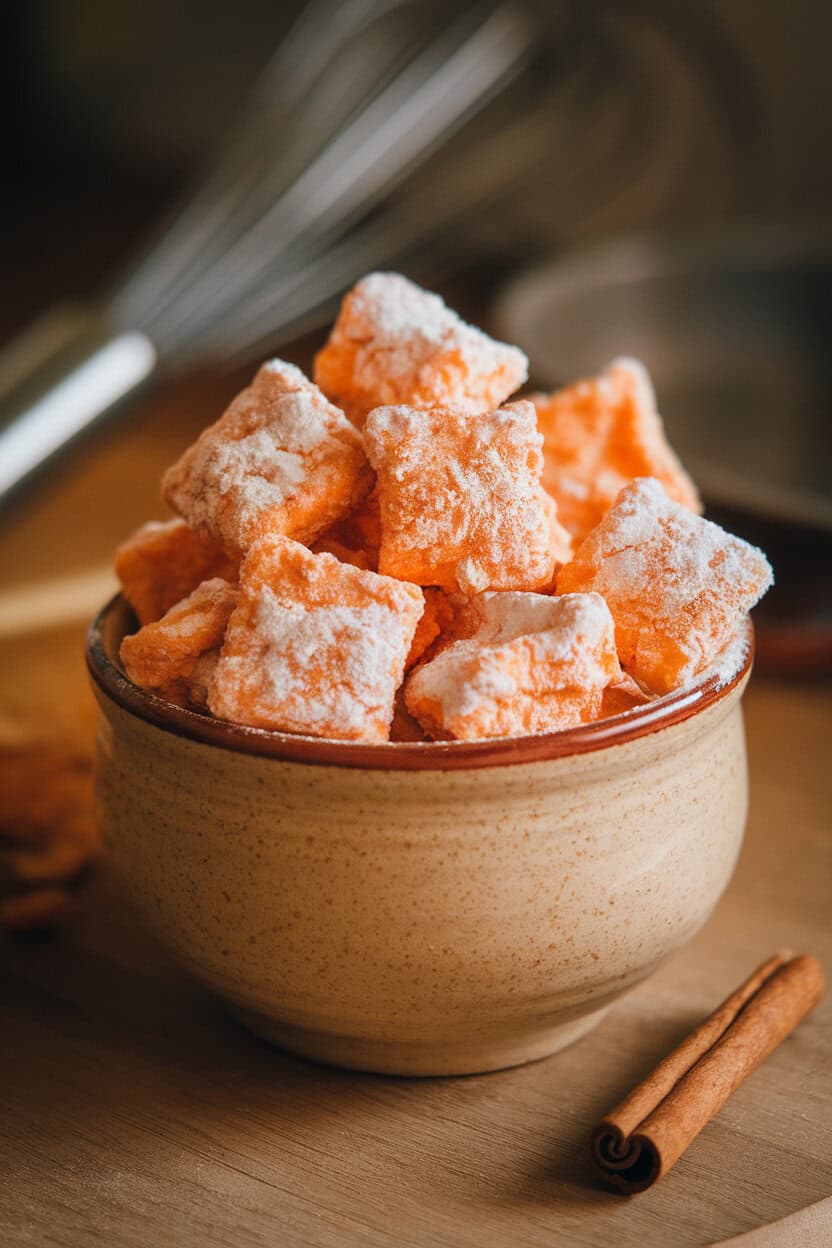 Indoor ceramic bowl overflowing with powdered-sugar coated cereal squares tinted pale orange, a cinnamon stick beside the bowl. No text or logos. Photo only.