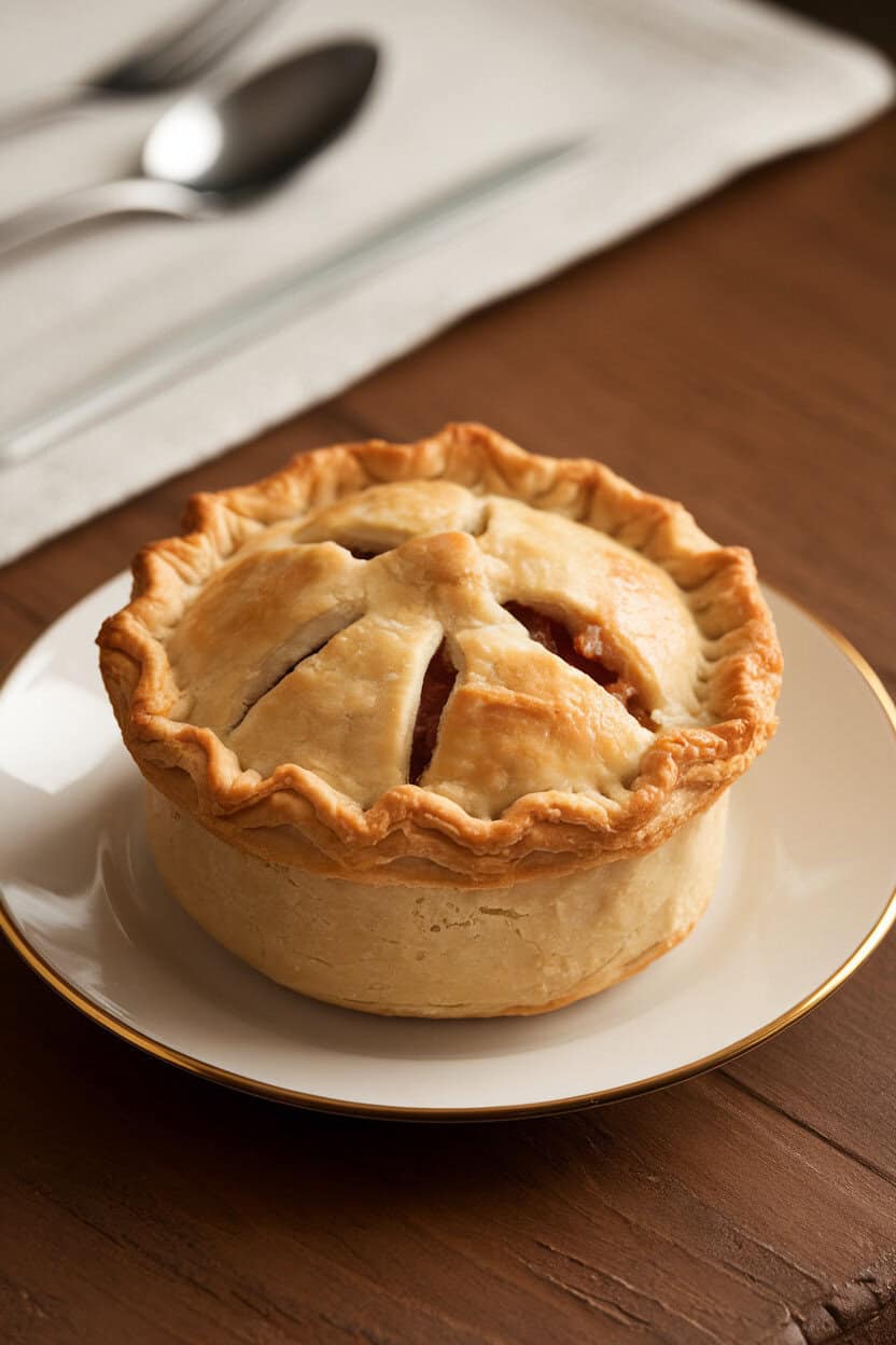 A golden individual pot pie with vented crust and flaky edges on a white plate, indoor table setting, no text or logos.
