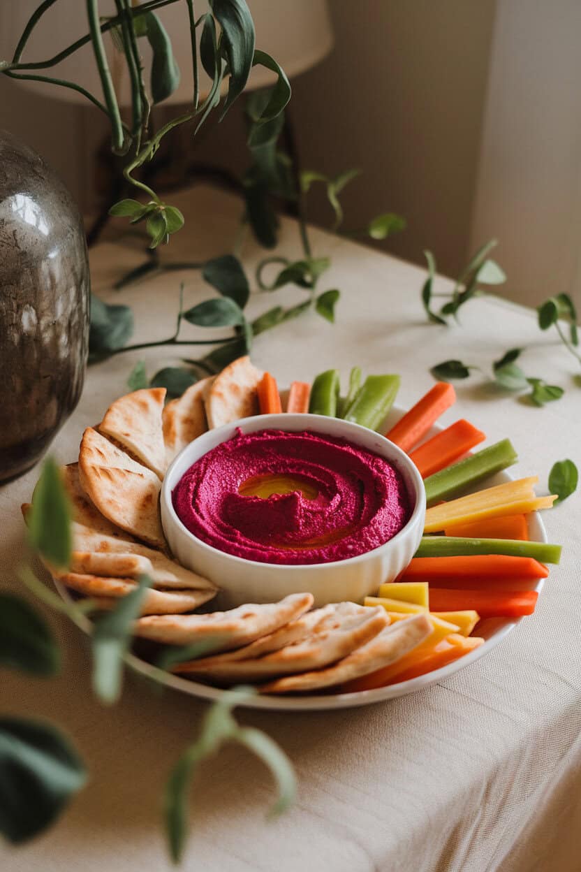 Photo, not illustration — indoor snack table featuring a white bowl of vivid magenta beet hummus swirling with olive oil, surrounded by pita wedges and veggie sticks; soft lighting, no text or logos