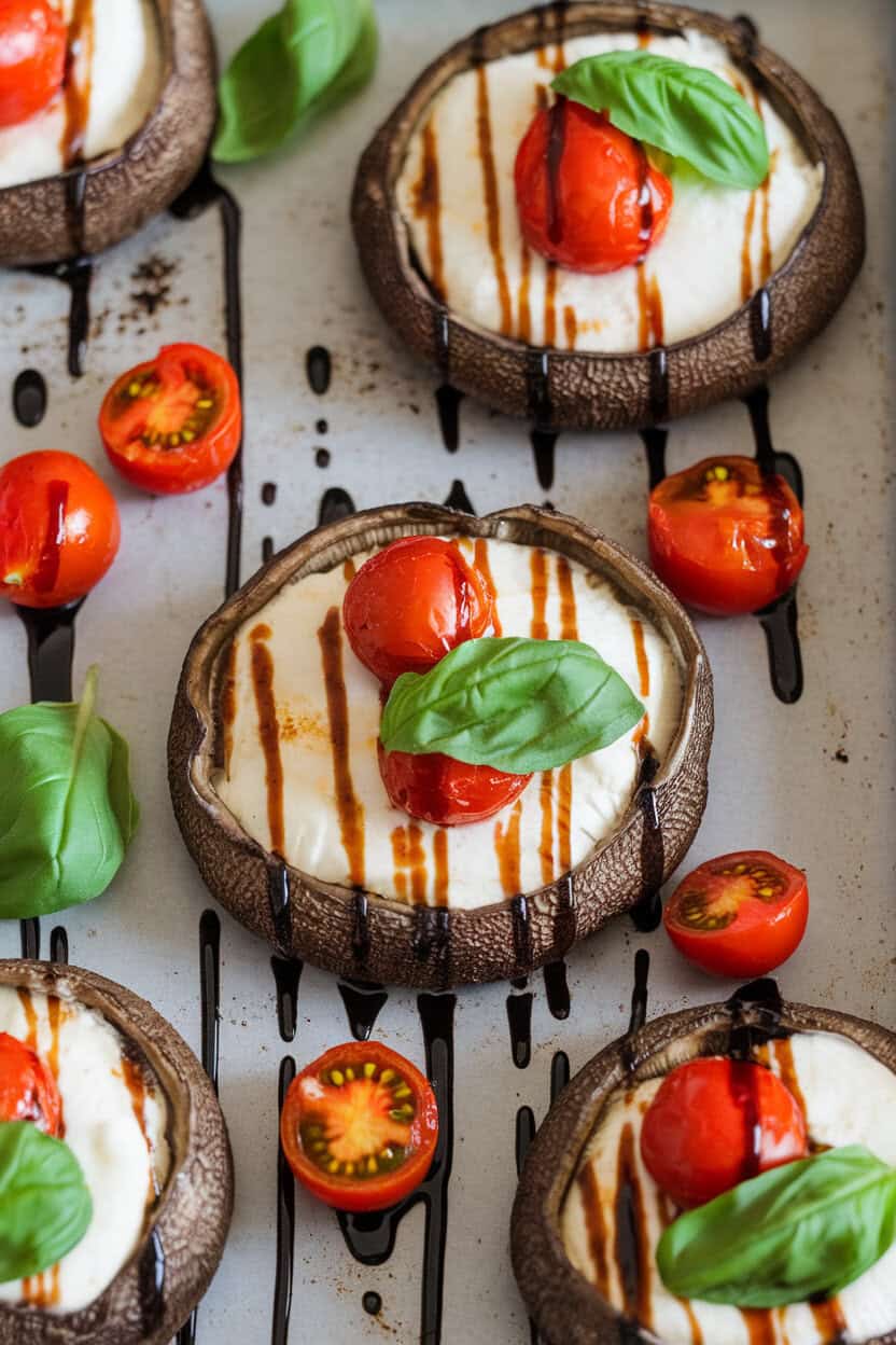 An indoor baking sheet featuring portobello caps filled with melted mozzarella, cherry tomatoes, and basil leaves, balsamic drizzle visible. No text or branding.