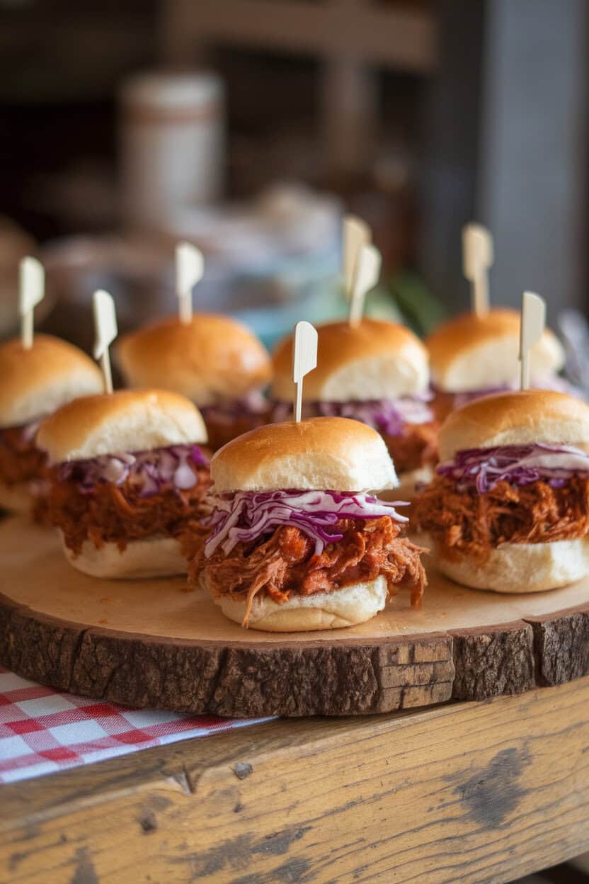 An indoor rustic table photo of mini buns overflowing with saucy pulled pork and purple slaw, each anchored with a wooden pick. No logos or text present.