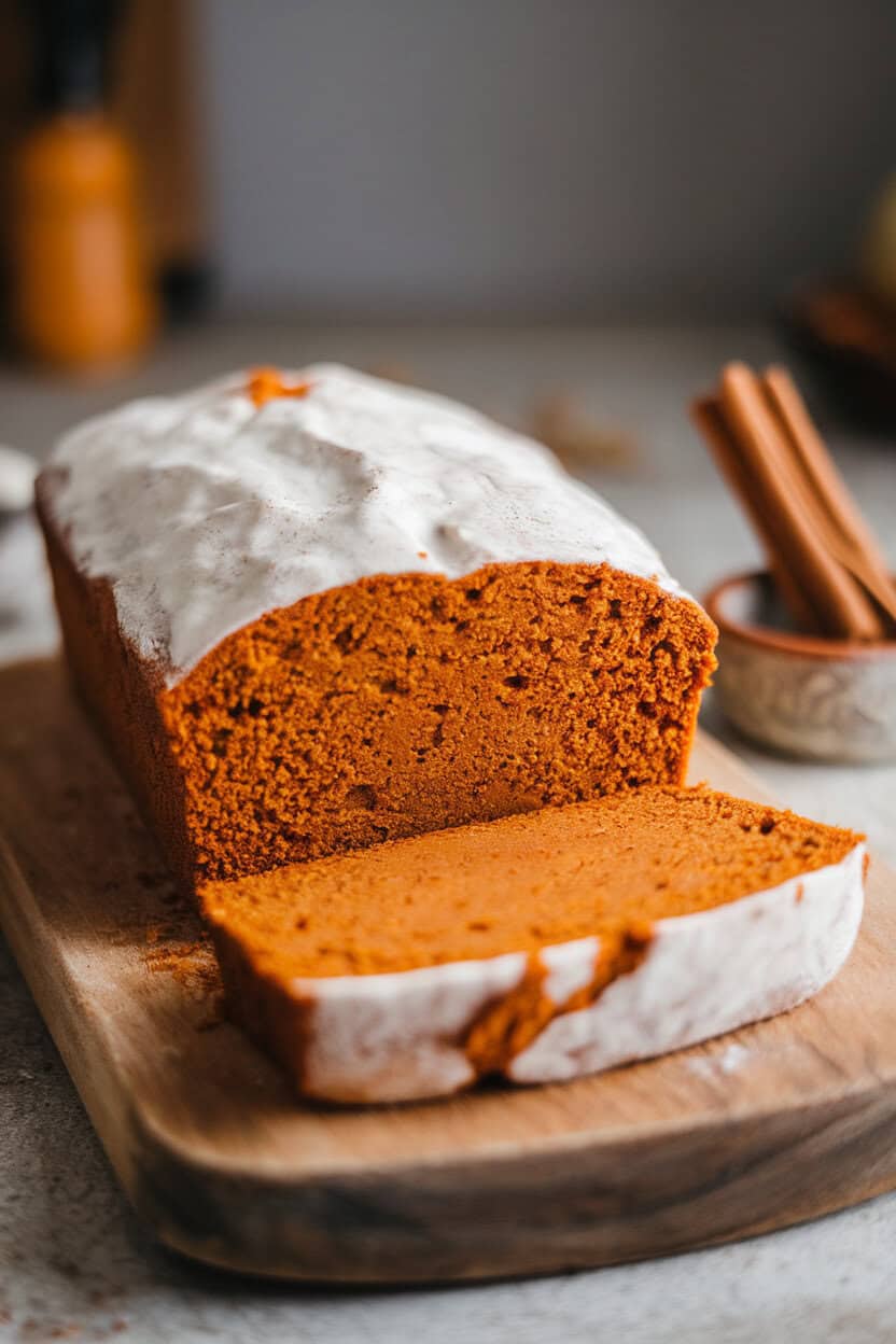 Indoor photo of a pumpkin spice loaf on a wooden board, slice cut to show moist orange interior, tiny bowl of cinnamon sticks adjacent. No text or logos.