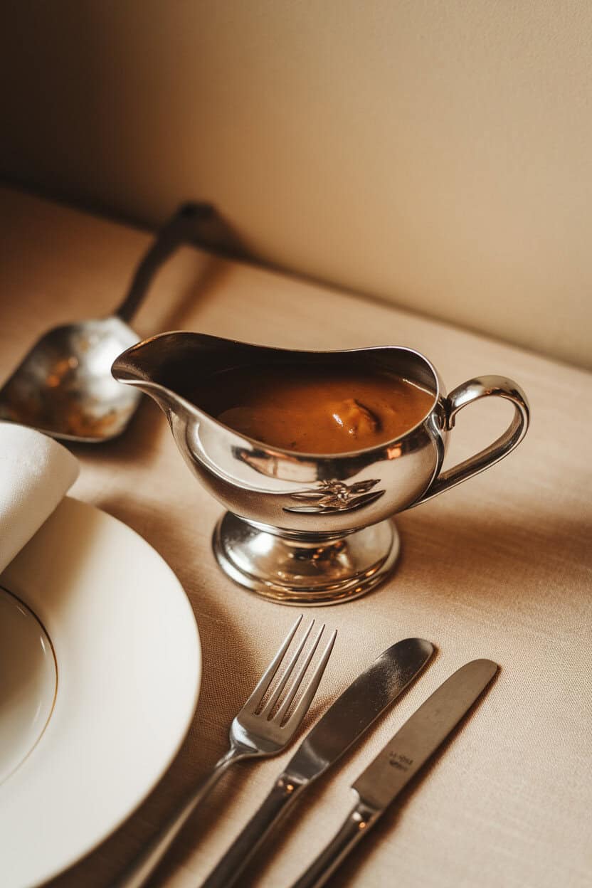 A small gravy boat filled with rich brown gravy on a table next to a ladle, indoor warm light, no text or logos on the china.
