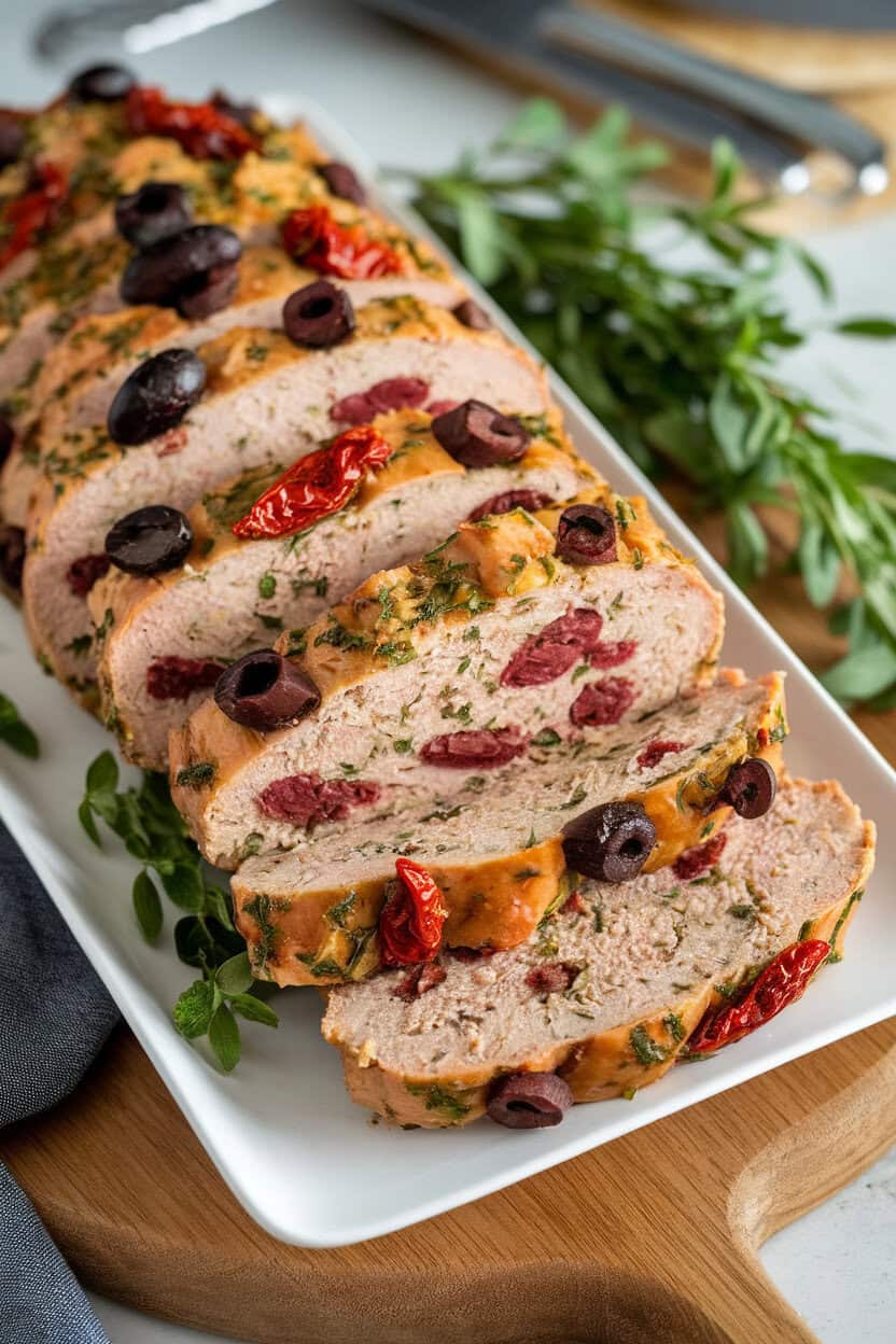 Indoor serving platter with sliced turkey meatloaf studded with olives and sun-dried tomatoes, drizzle of herb oil on top, no text or logos.