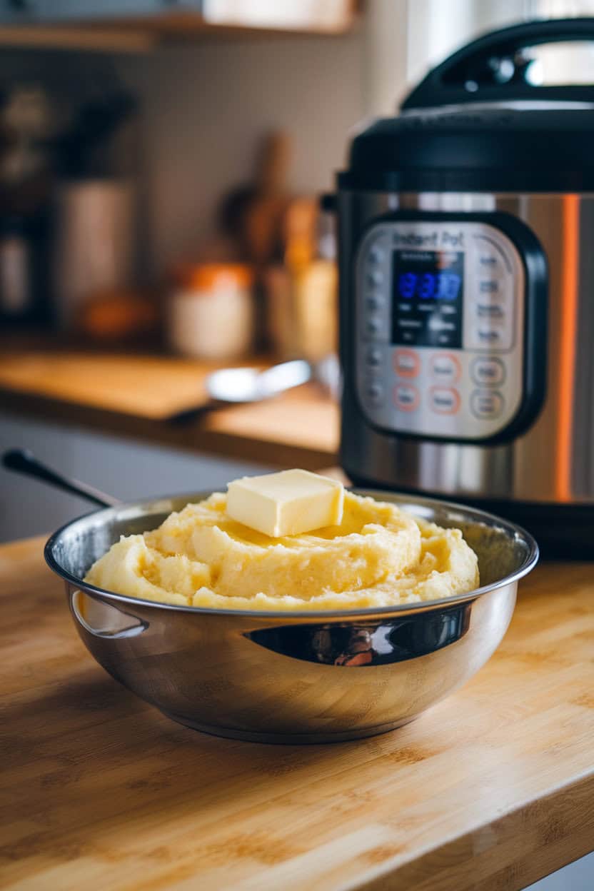 An indoor countertop scene with a stainless-steel bowl of fluffy mashed potatoes, a pat of butter melting in the center, Instant Pot visible in the background. No logos. Photo, not illustration.