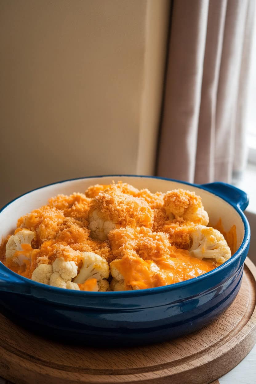 Photo of a ceramic dish indoors showing cauliflower florets smothered in bubbling cheddar sauce, golden breadcrumbs on top, no text or logos.