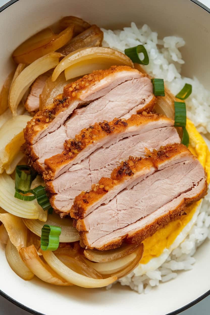 An indoor bowl featuring sliced pork cutlet simmered with onions and egg over rice, garnished with green onions. No text or logos anywhere. Photo, not illustration.