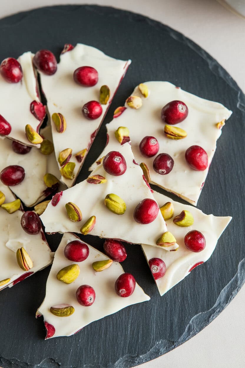 Shards of white chocolate bark studded with red cranberries and green pistachios on an indoor slate platter. No text or logos. Photo, not illustration.