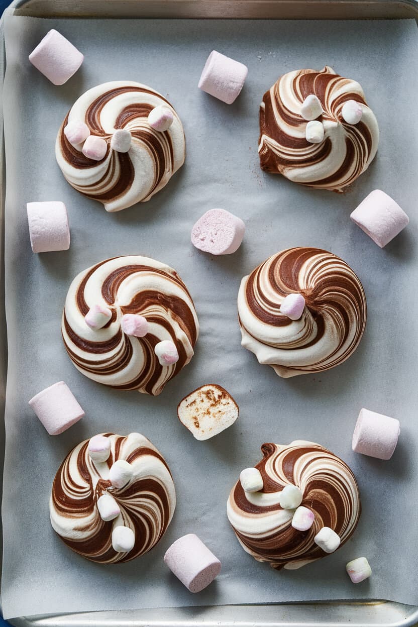 Swirled chocolate meringue cookies with tiny marshmallow bits on a parchment-lined indoor baking sheet. No text or logos. Photo, not illustration.
