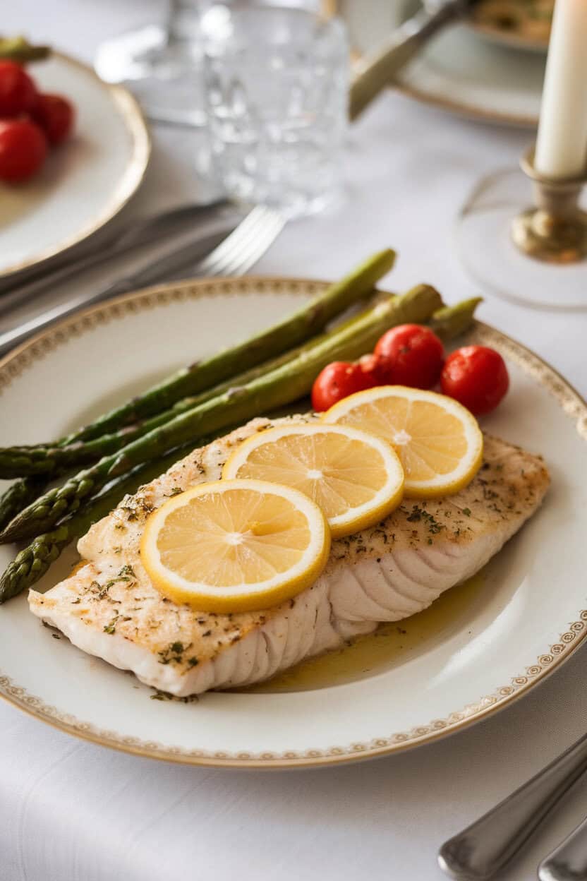 Indoor dinner plate showing a baked haddock fillet topped with lemon slices and roasted asparagus and cherry tomatoes alongside. No logos visible.