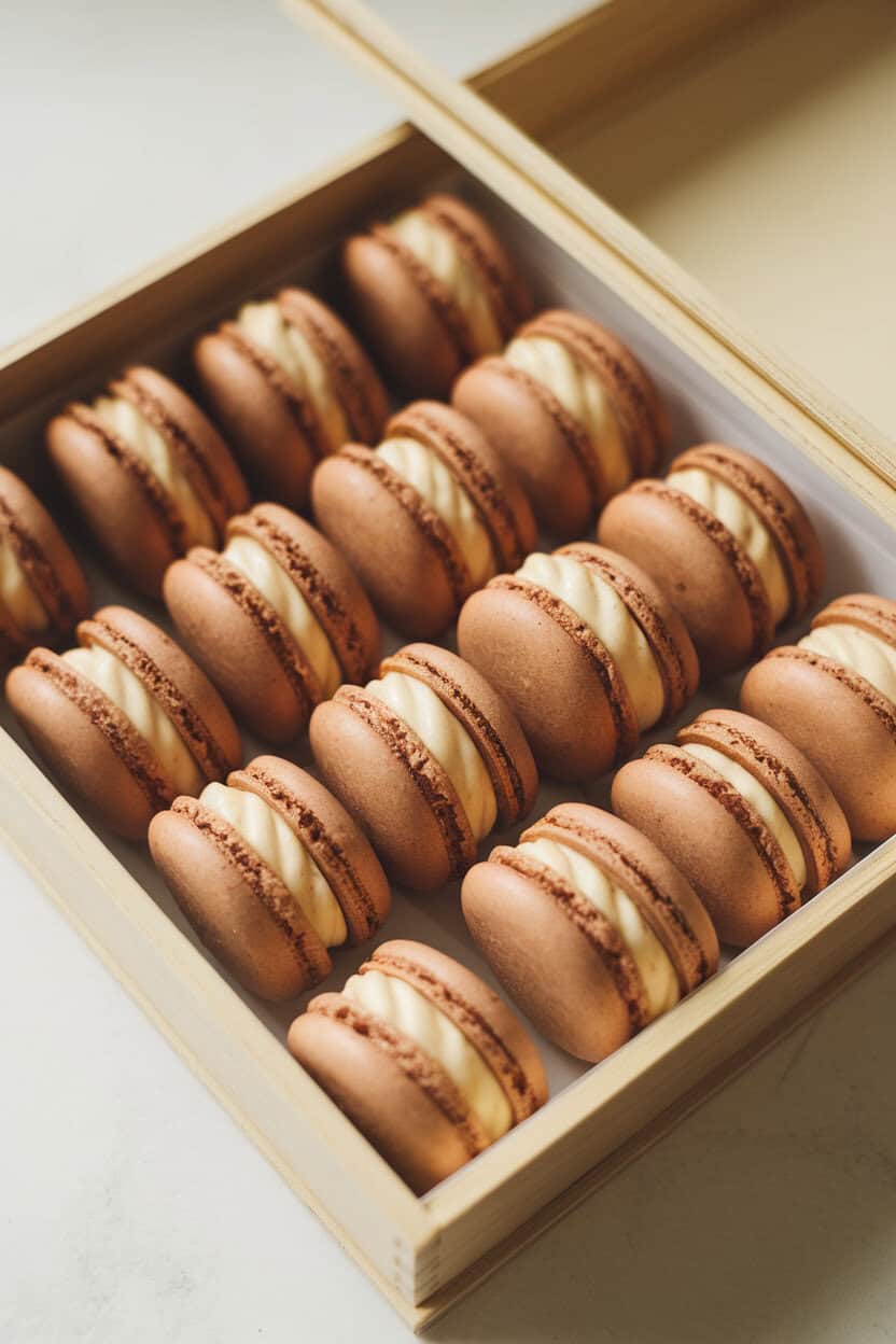 Photo prompt: Indoor pastry box with tan macarons flecked with cinnamon, a creamy filling visible between shells, no text or logos.