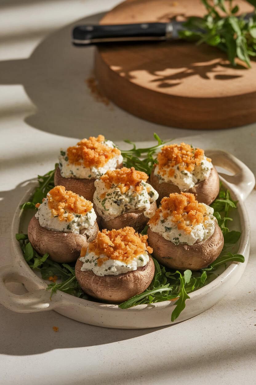 Photo of an indoor ceramic platter showcasing mushrooms filled with ricotta speckled with herbs, topped with golden panko crumbs. No text or logos.