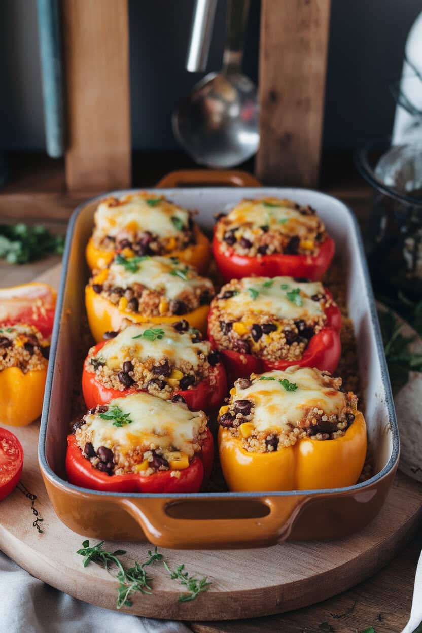 Indoor casserole dish photo of bell peppers filled with quinoa, black beans, corn, and diced tomatoes, topped with melted pepper jack cheese. No text or logos visible.