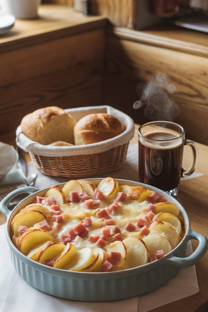 Indoor breakfast nook scene with a bubbling casserole of sliced potatoes, diced ham, and melted Swiss cheese forming a golden crust. Photo only, no text or logos.