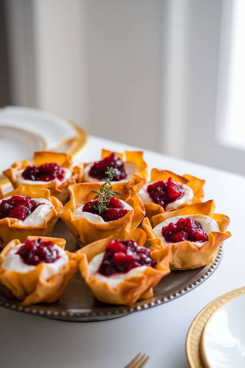 Bright indoor dining table with a platter of golden phyllo cups filled with melted brie and glistening cranberry sauce, garnished with a tiny thyme sprig—shot from a 45-degree angle. No text or logos.