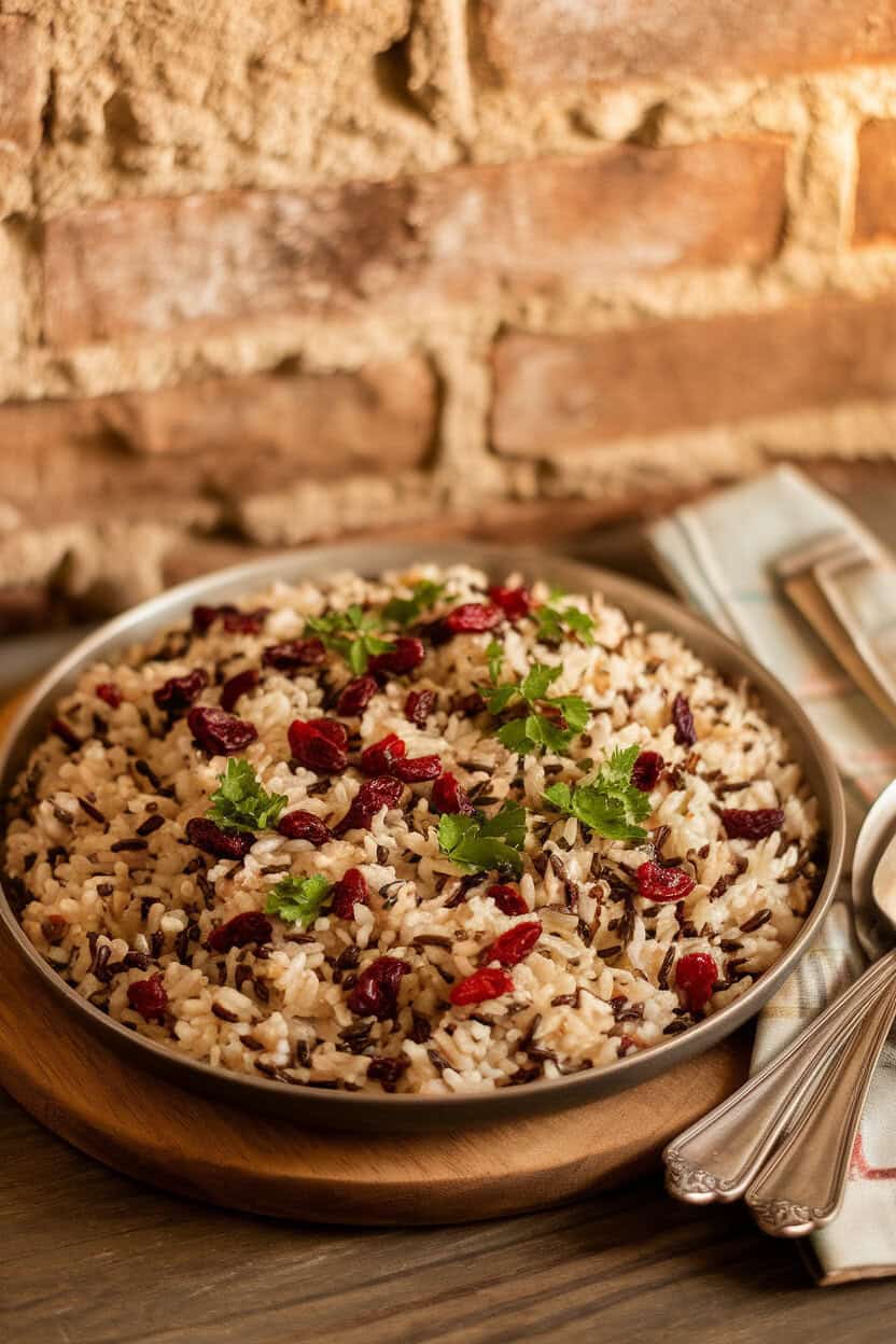 An indoor dining table featuring a shallow platter of wild rice pilaf flecked with dried cranberries and chopped parsley; no text or logos. Photo.