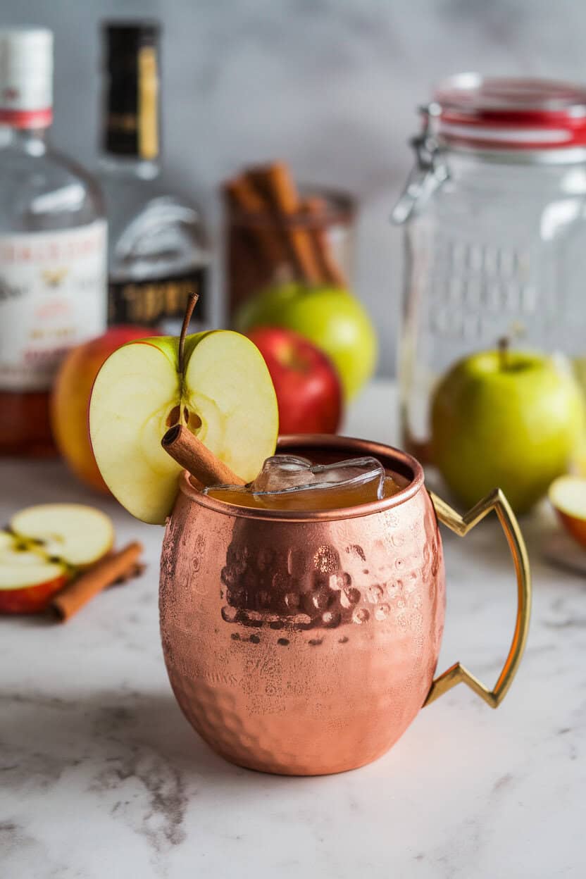 An indoor home bar scene featuring a copper mug of Caramel Apple Moscow Mule, apple slice and cinnamon stick garnish, condensation beads visible; no text or logos; photo