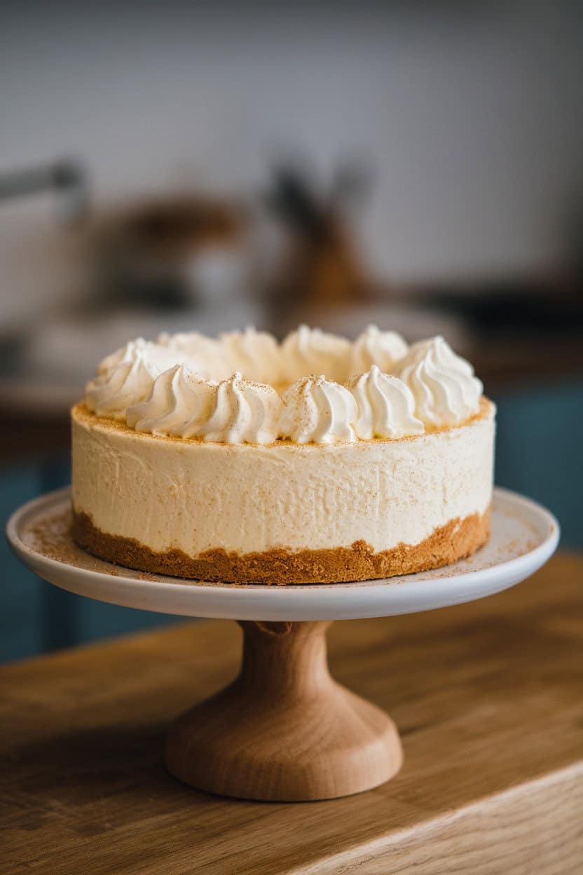 An indoor cake stand holding a creamy cheesecake with nutmeg dusting and piped whipped cream—no text or logos.