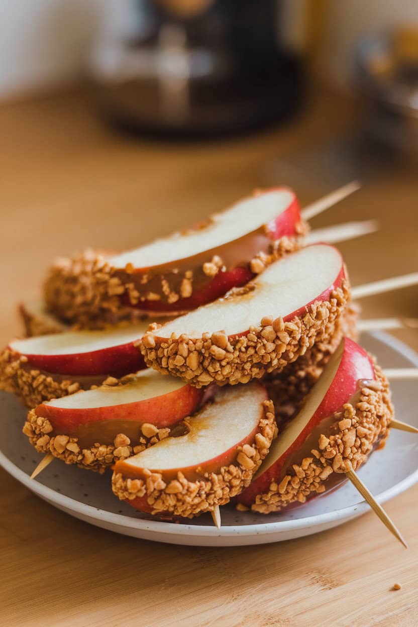 Indoor countertop scene with thick apple wedges on wooden sticks coated in caramel and rolled in crushed peanuts, no text or logos, photo style