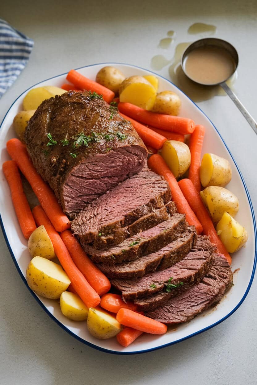 Indoor kitchen counter with a platter of sliced pot roast surrounded by tender carrots and potatoes, gravy ladled on top. No text or logos.