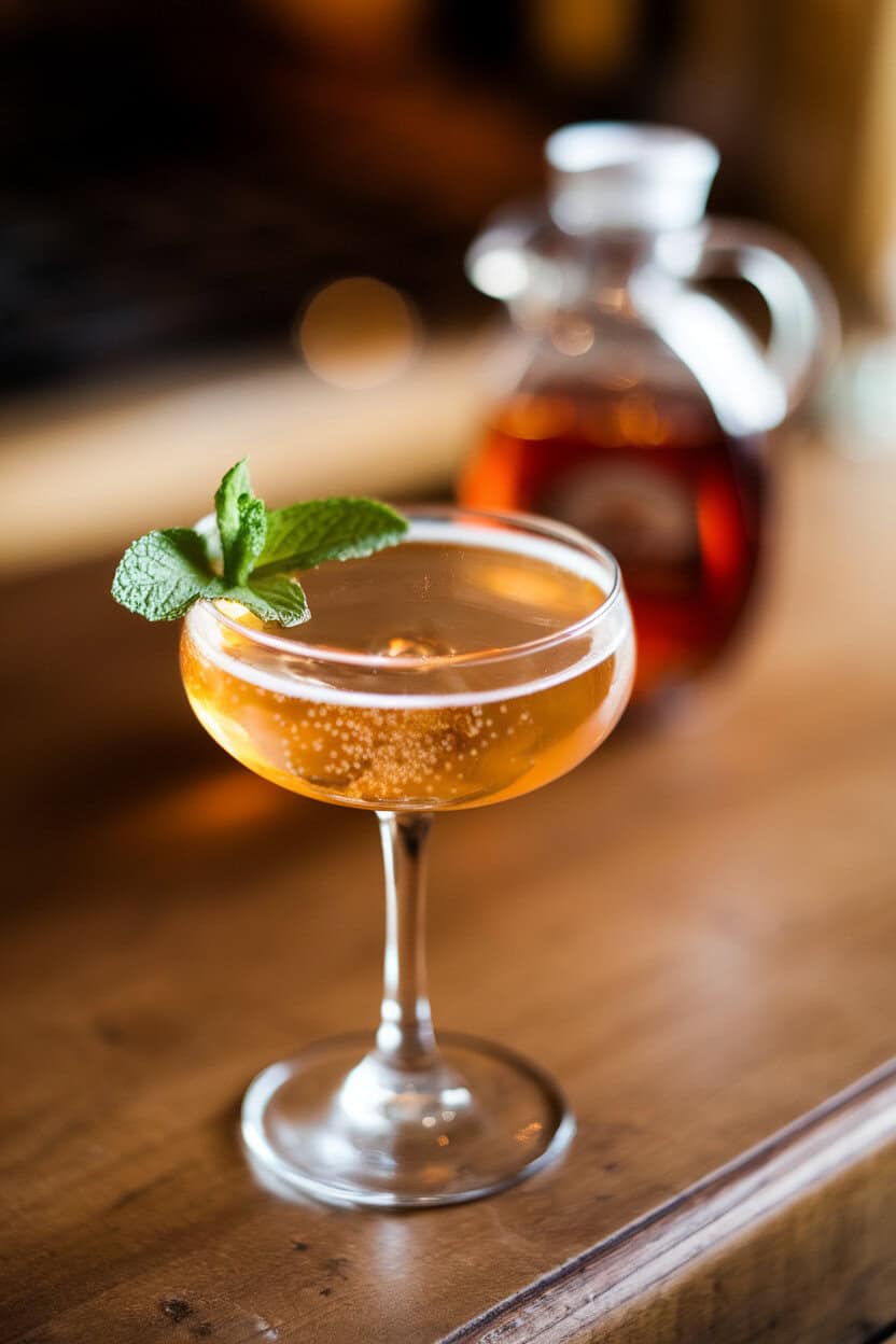 Indoor coupe containing bubbly golden cocktail with mint leaf garnish, maple syrup jug blurred in background. No logos.