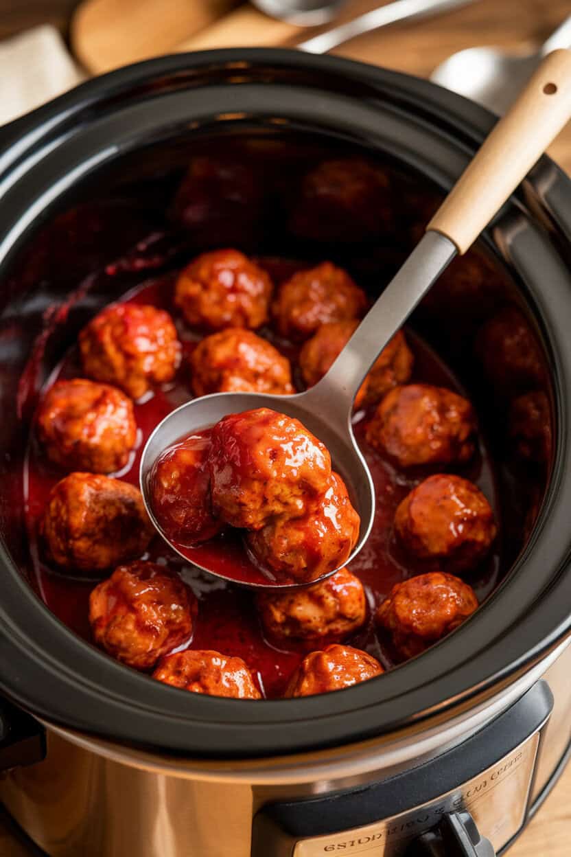 An indoor slow cooker filled with glazed meatballs in ruby-red cranberry sauce, a ladle resting inside; photo, no text or logos.