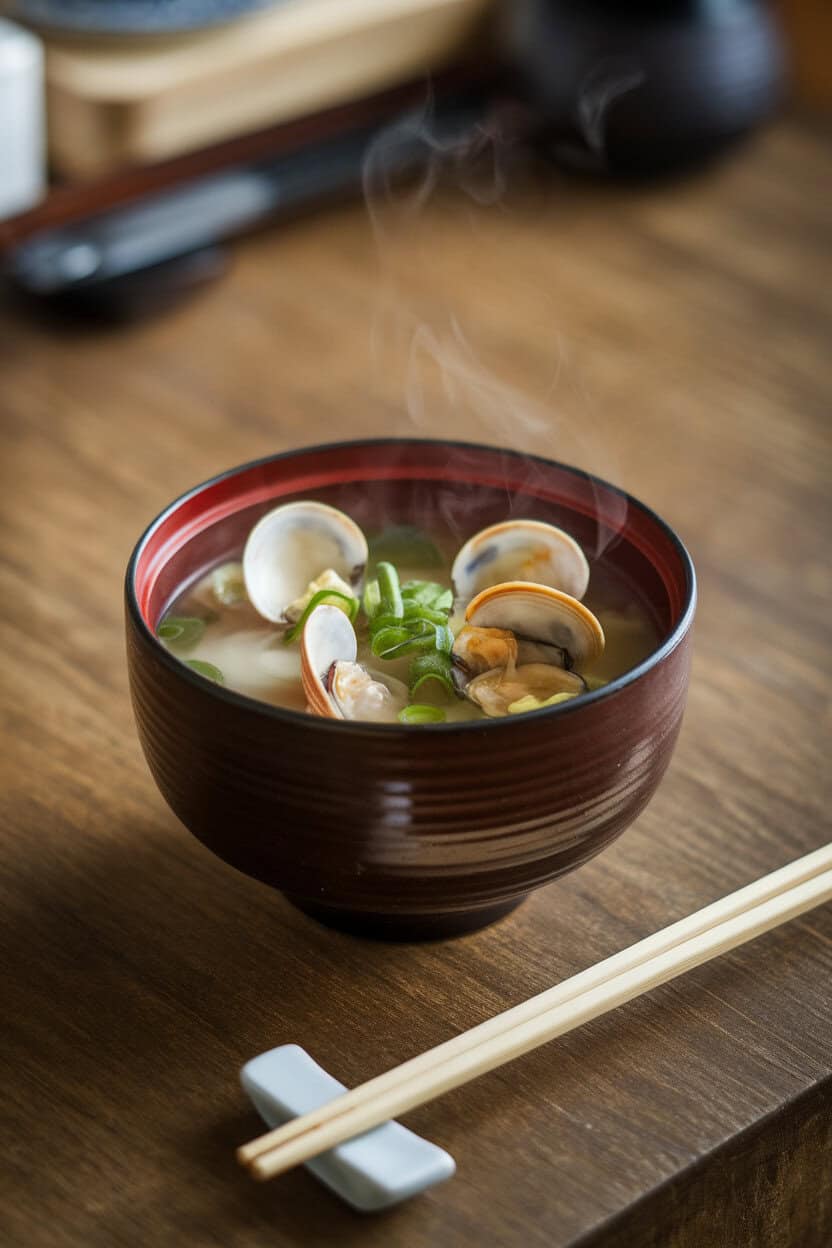 An indoor kitchen table with a lacquered bowl of steaming miso soup dotted with opened clams, scallions floating on the surface. Wooden chopsticks rest beside the bowl. No text or logos visible. Photo, not illustration.