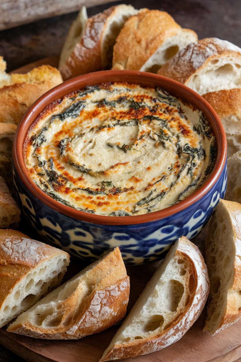 Indoor photo of a ceramic bowl filled with creamy spinach artichoke dip, golden top bubbling. No logos or text. Photo, not illustration.