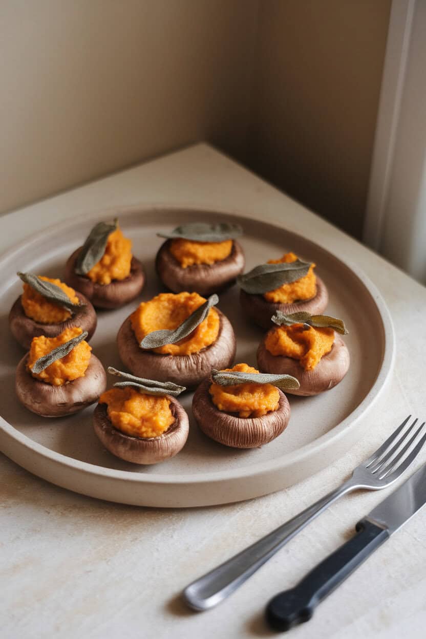 Photo indoors of a neutral ceramic platter featuring mushrooms stuffed with golden butternut squash purée and crispy sage leaves. No text or logos.