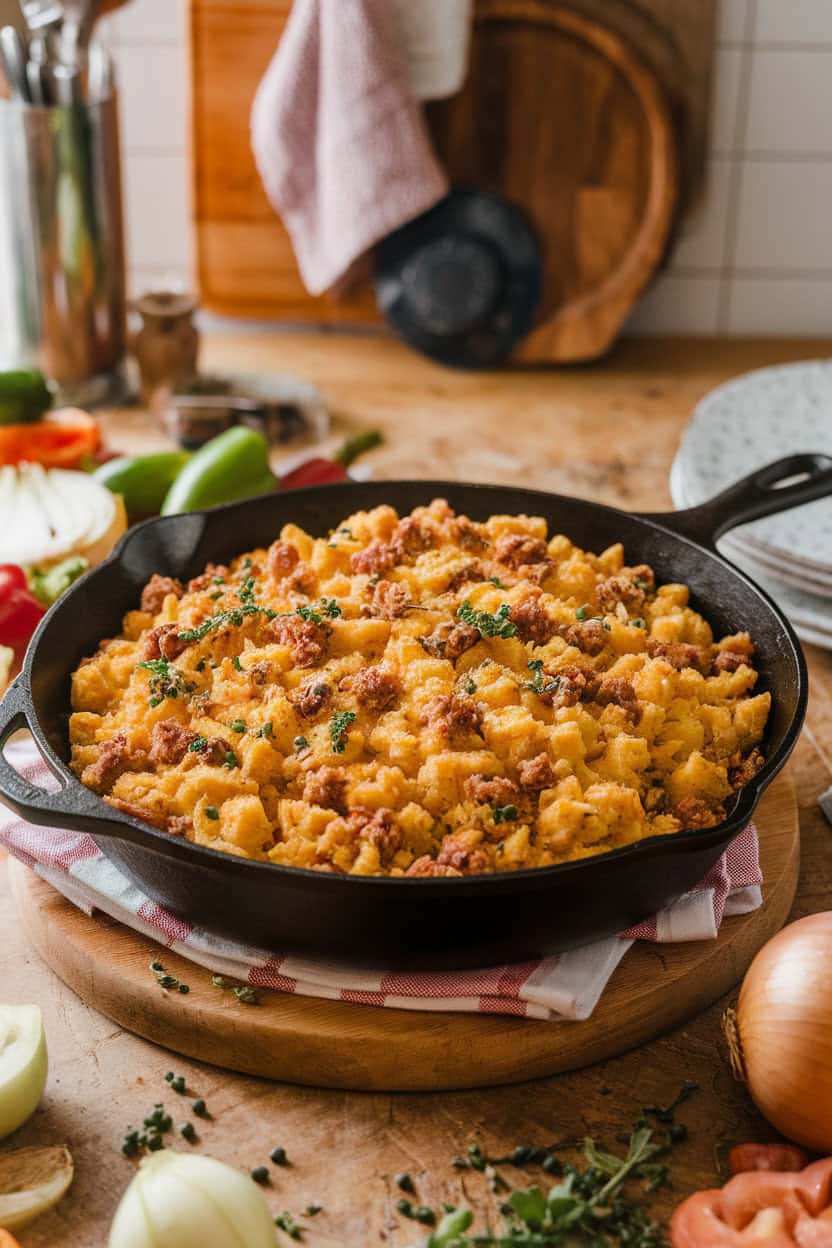 An indoor kitchen island featuring a skillet of cornbread dressing studded with sausage crumbles and fresh herbs, golden edges visible; no text or logos. Photo.