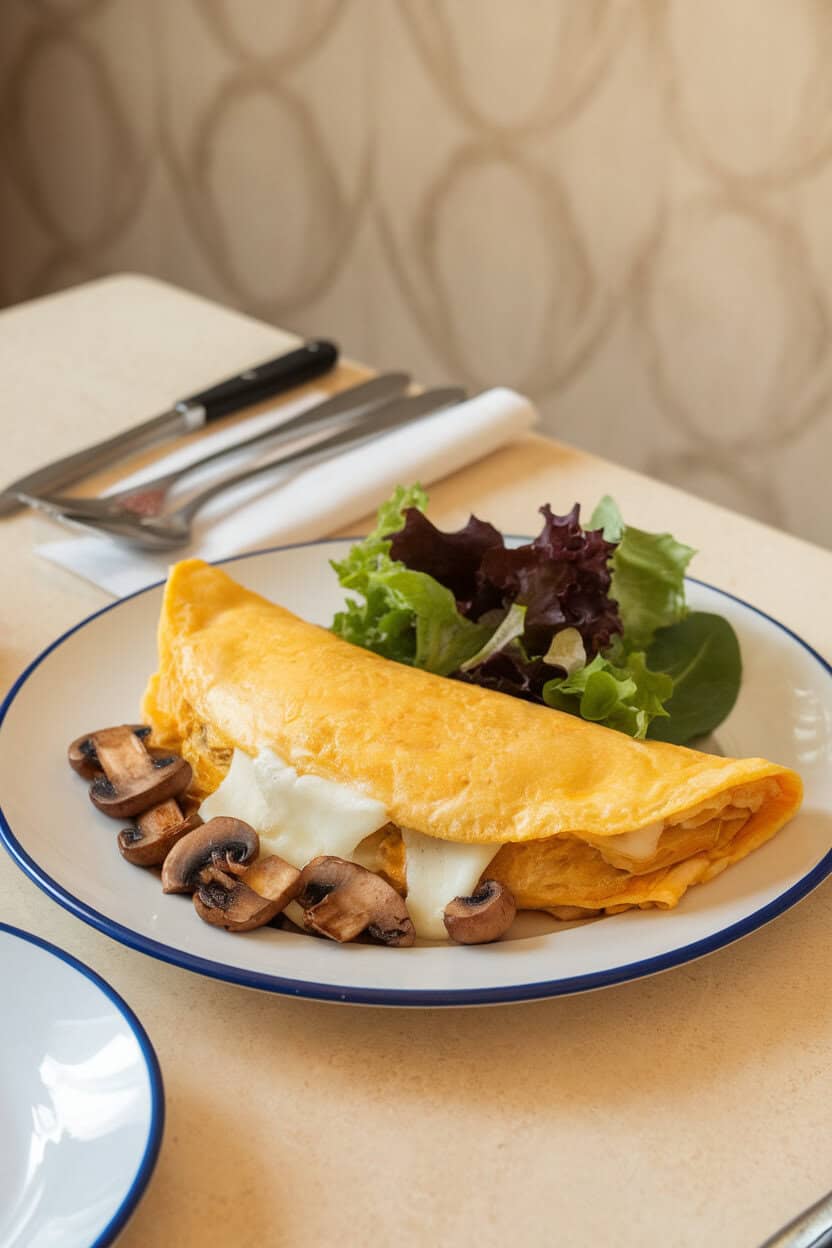 An indoor breakfast table showing a folded omelette with melted Brie peeking out, sautéed mushrooms scattered on top and a small side of mixed greens. No text or logos. Photo only.