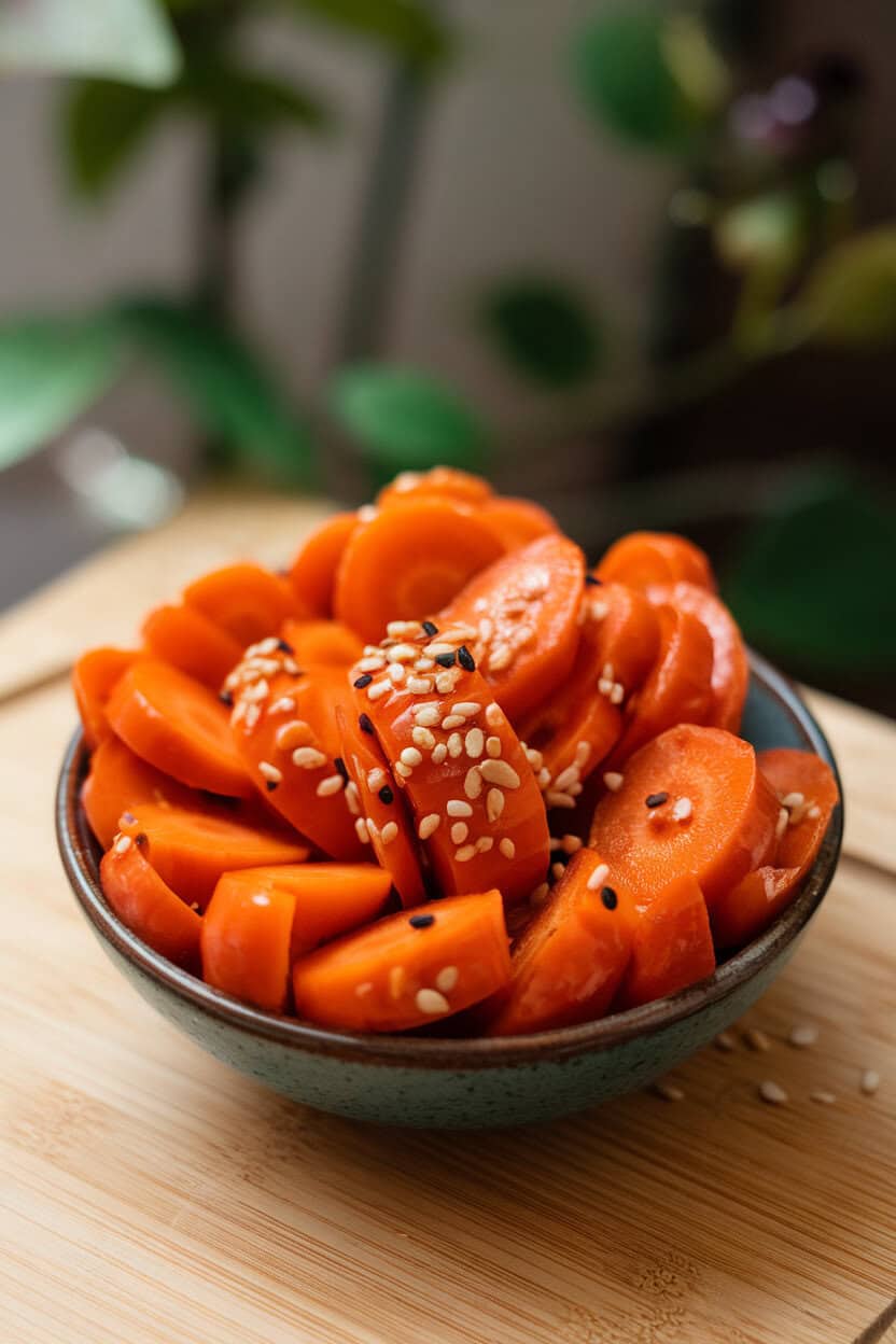 A small indoor serving bowl of sliced carrots coated in glossy maple-ginger glaze, garnished with sesame seeds. No text, no logos. Photo.</Prompt