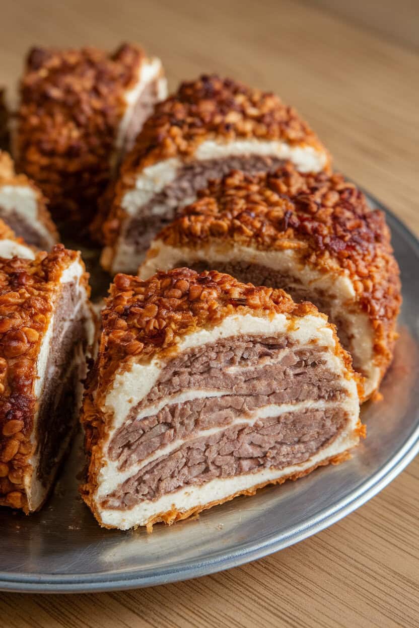 Photo of baked kibbeh slices showing bulgur and cooked lamb layers, presented indoors on a platter, no text or logos.