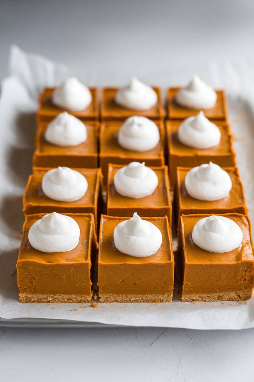 Indoor photo of pumpkin pie bars cut into neat squares on a parchment-lined tray, dollop of whipped cream on top. No text or logos. Photo, not illustration.