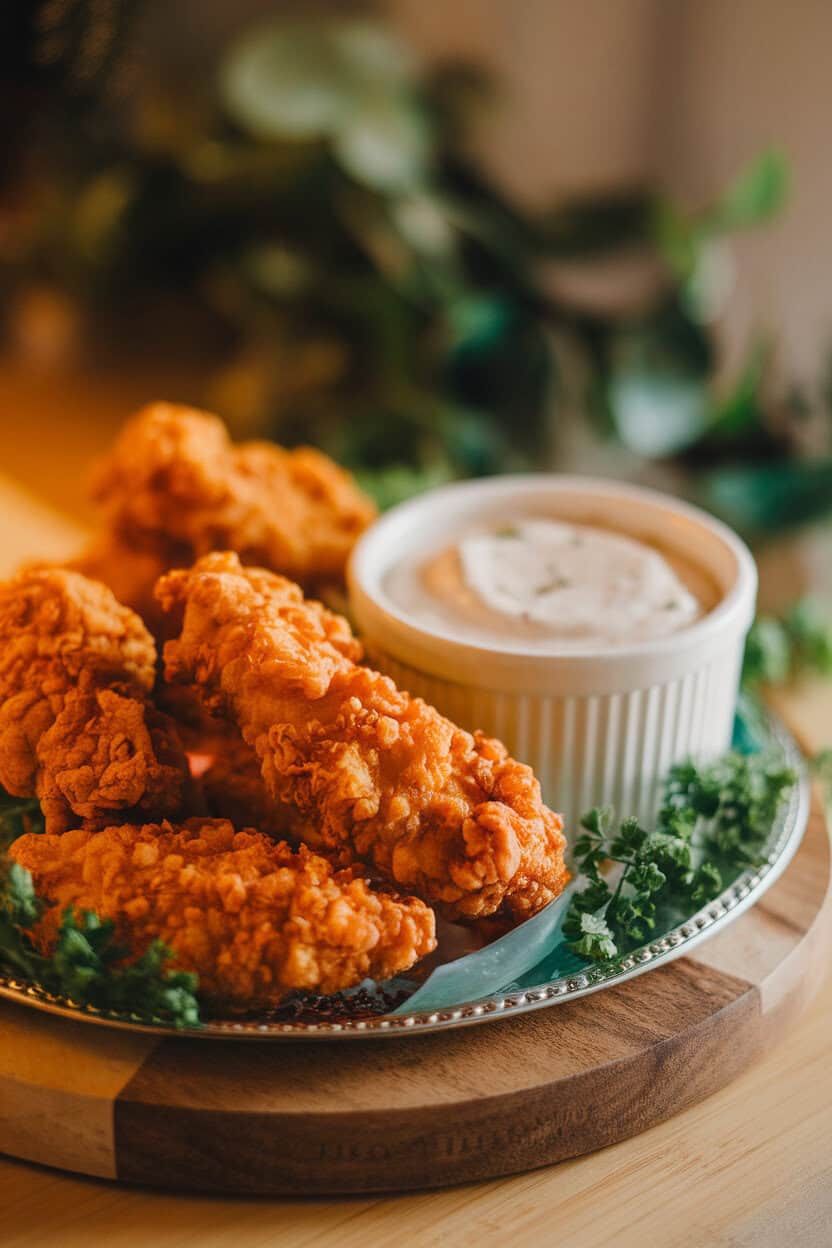 Indoor photo of crispy golden chicken tenders on a platter, ramekin of ranch dip nearby. No text or logos. Photo, not illustration.