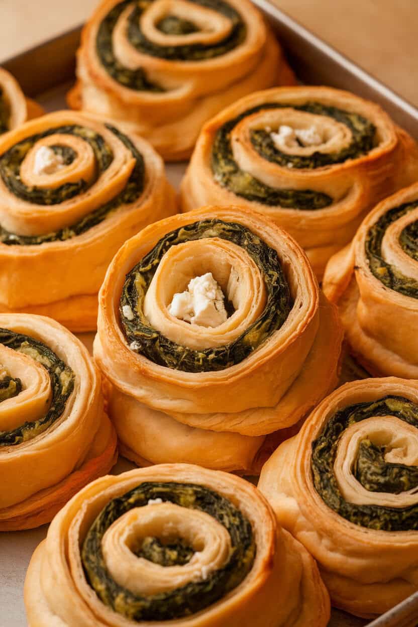 Indoor photo of golden puff pastry spirals revealing spinach and feta filling, arranged on a tray. No text or logos.