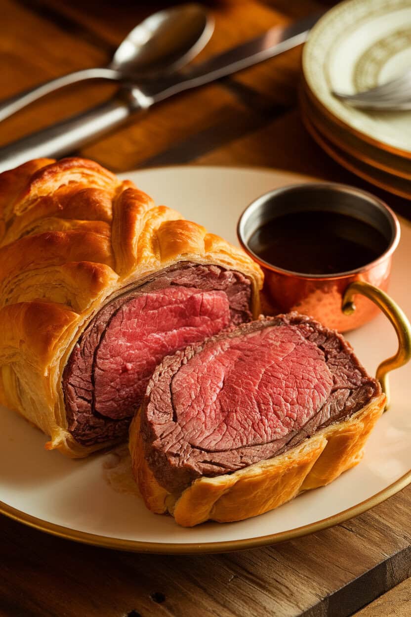 An indoor dining table under warm light featuring a sliced beef Wellington wrapped in golden puff pastry, medium-rare center visible, with a small copper pot of glossy Madeira sauce alongside. No text or logos in the scene; photo, not illustration.