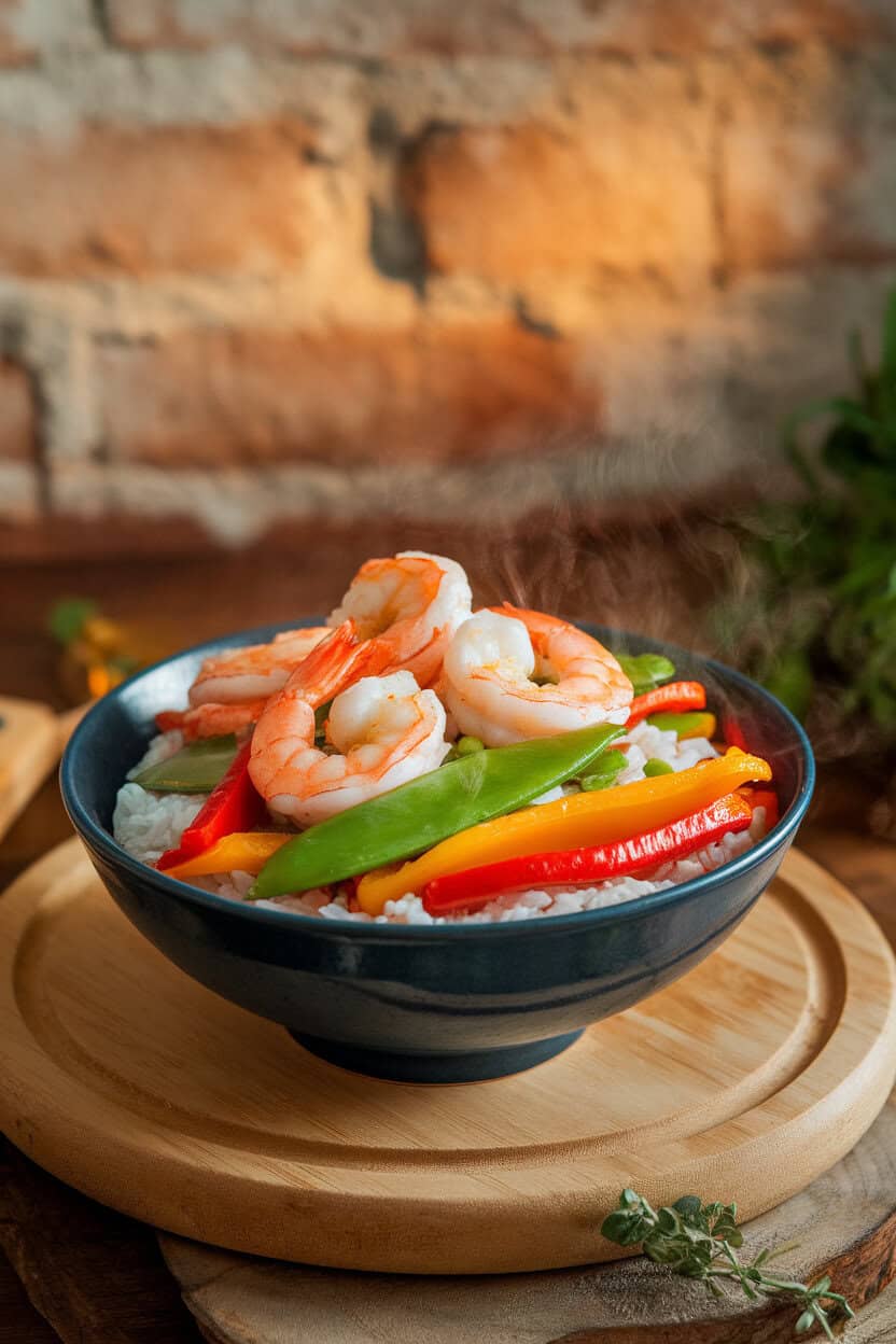An indoor kitchen counter featuring a steaming bowl of cooked garlic shrimp, colorful bell peppers, and snow peas over white rice. Photo only, no raw fish, no text or logos.